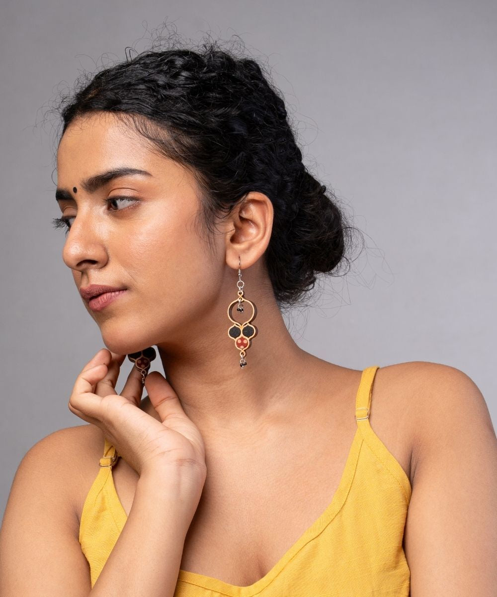 Black ajrakh repurposed fabric and wood round danglers