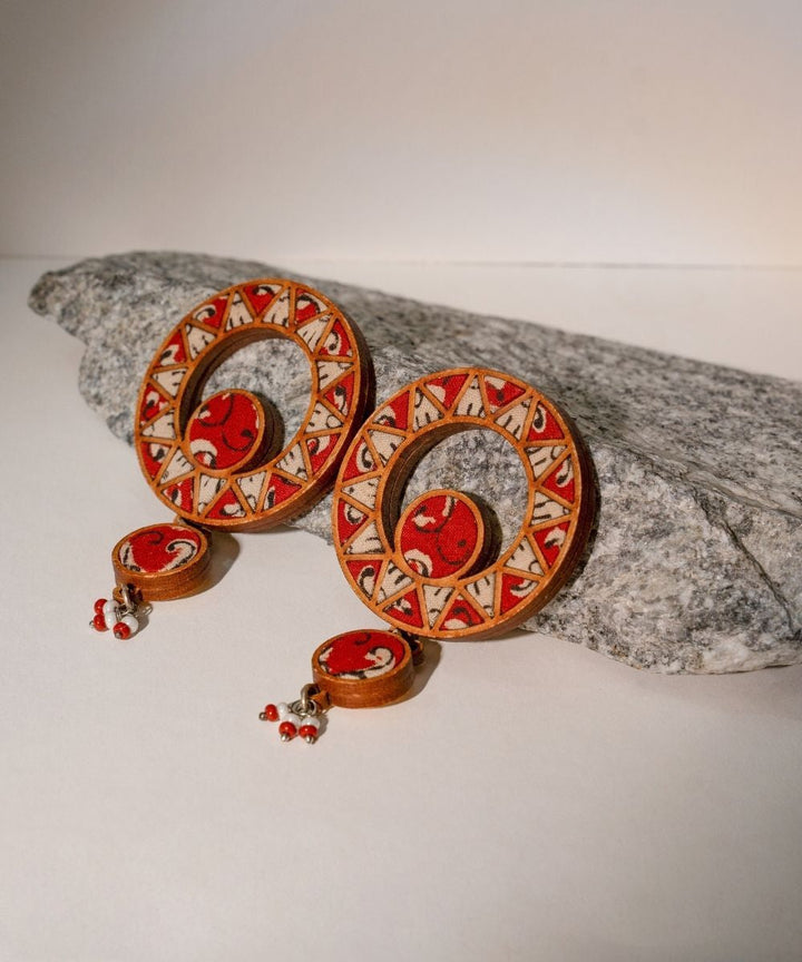 Red wheel repurposed fabric and wood earrings