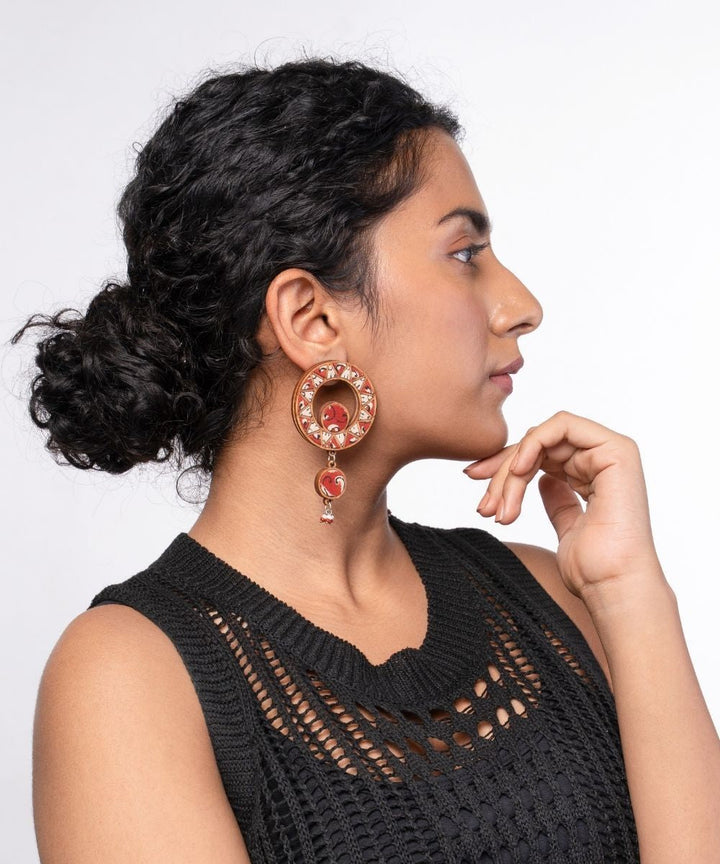 Red wheel repurposed fabric and wood earrings