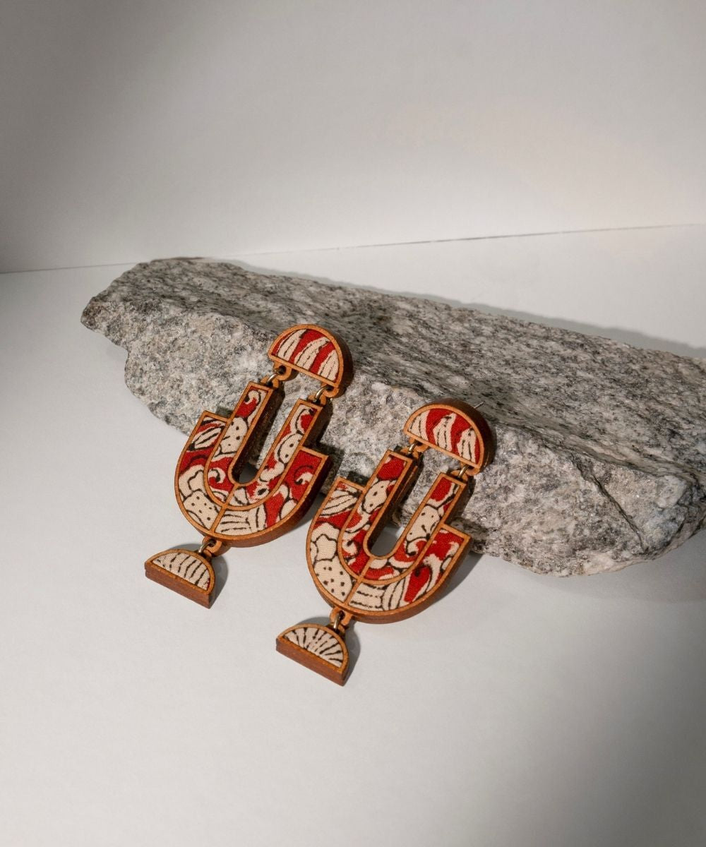 Multicolor red hand printed repurposed kalamkari fabric wood earrings