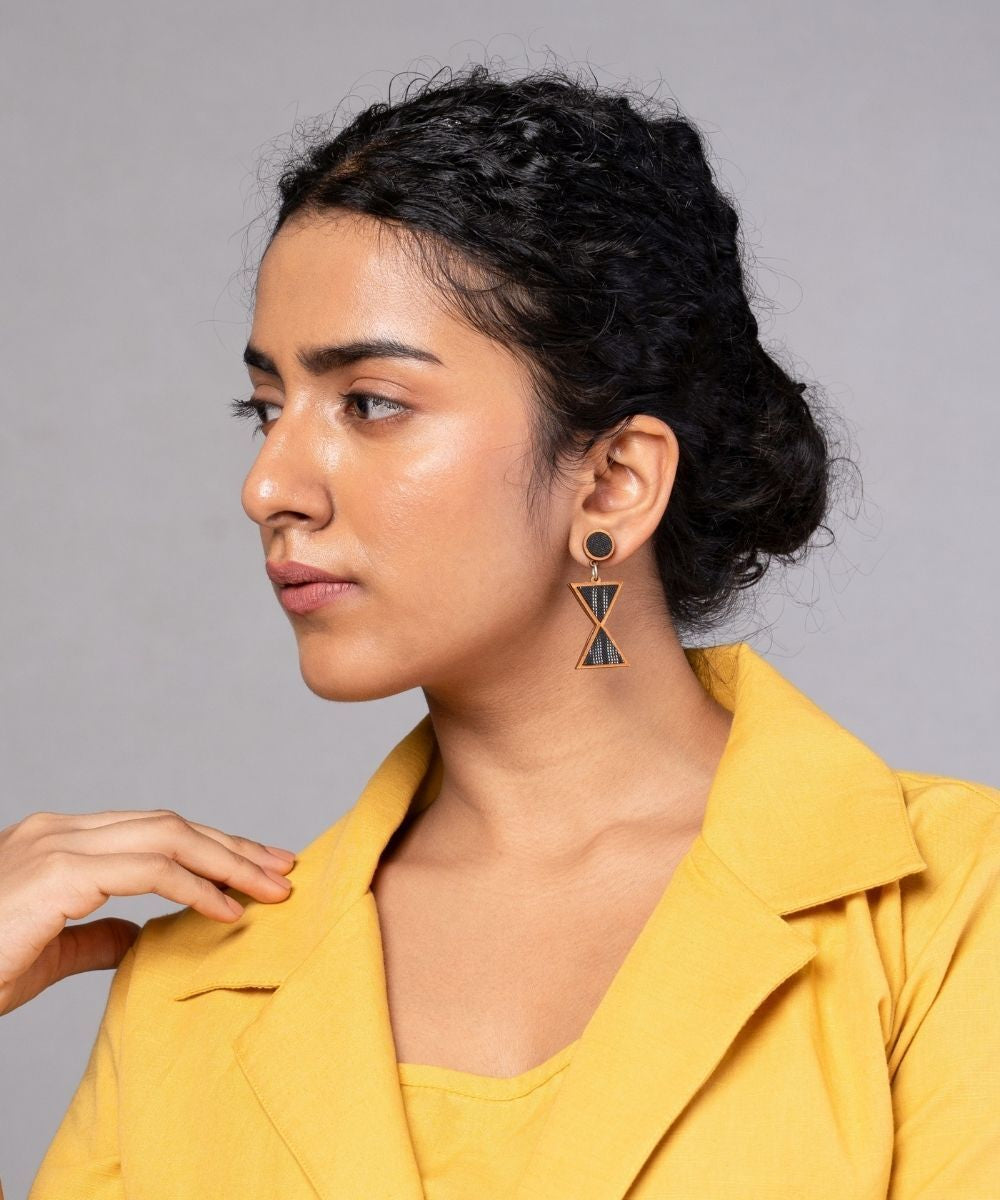 Black worli inspired repurposed fabric and wood earrings