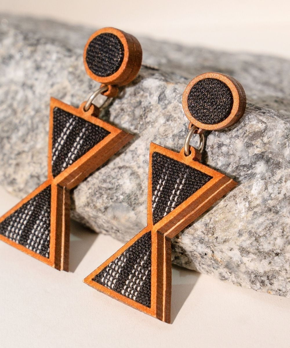Black worli inspired repurposed fabric and wood earrings