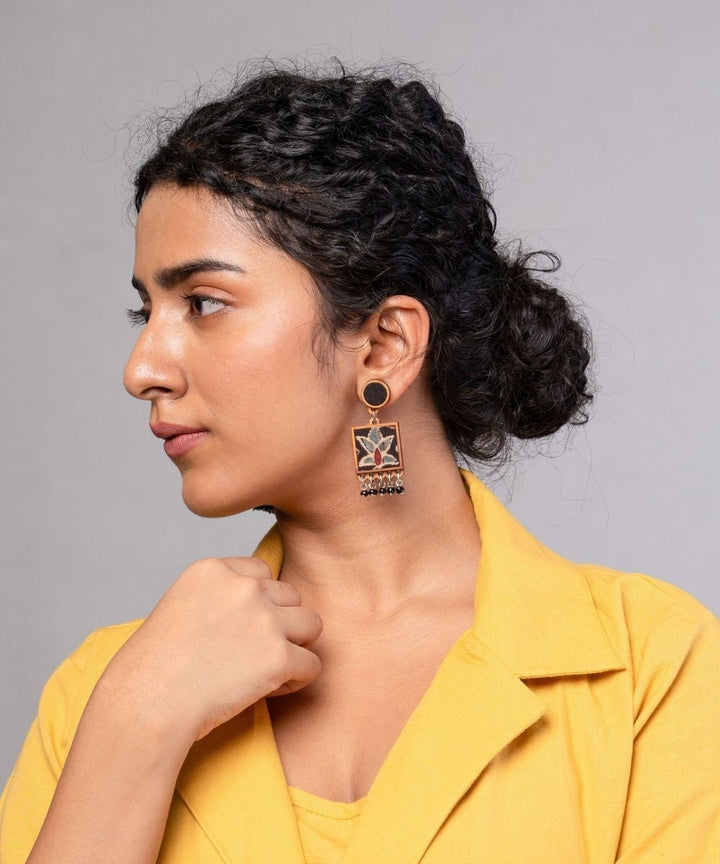 Black ajrakh hand block printed repurposed fabric and wood earrings