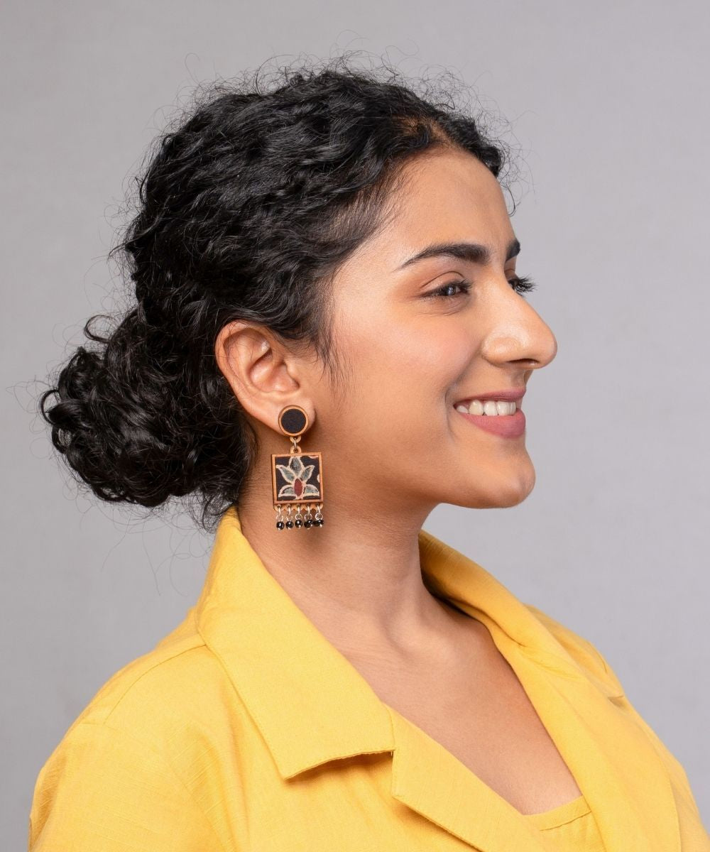 Black ajrakh hand block printed repurposed fabric and wood earrings