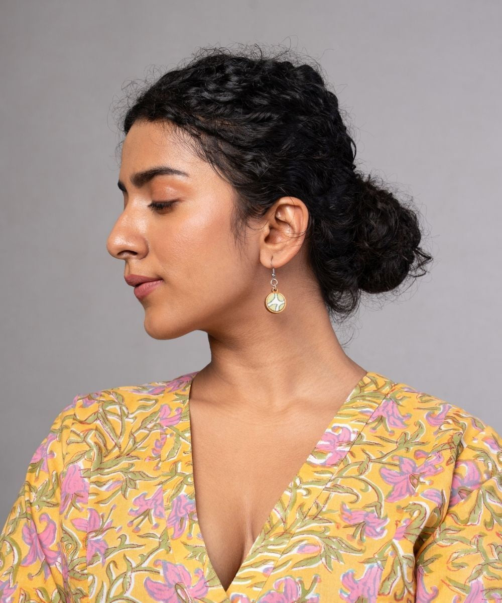 Green handmade repurposed fabric wood round danglers