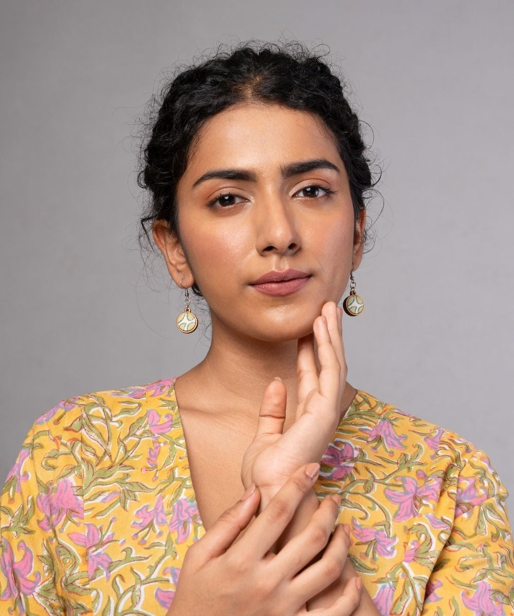 Green handmade repurposed fabric wood round danglers