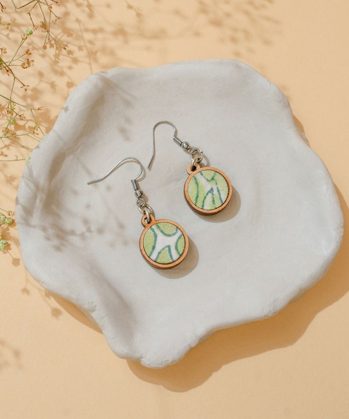 Green handmade repurposed fabric wood round danglers