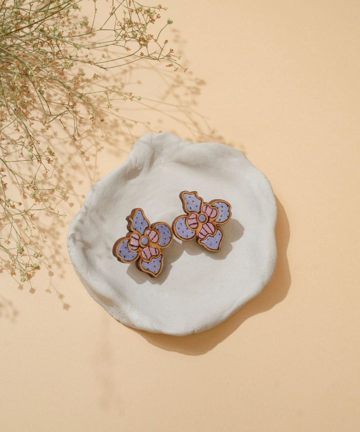 Purple bloom handmade repurposed fabric wood flower studs