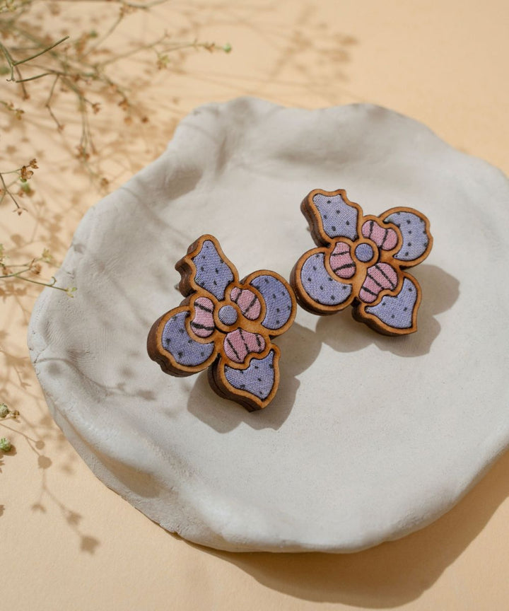 Purple bloom handmade repurposed fabric wood flower studs