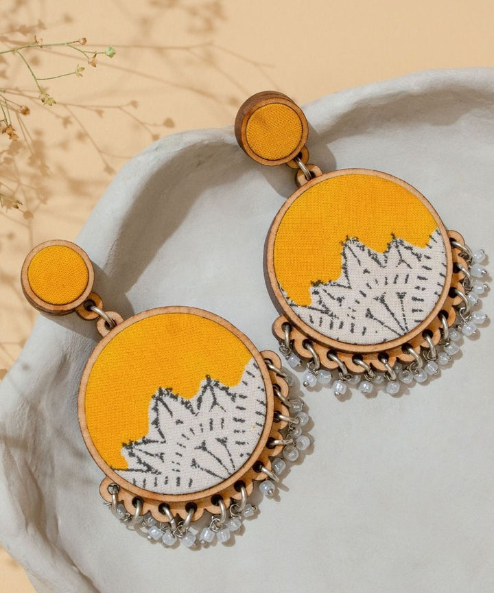 Yellow handmade fabric repurposed wood round danglers