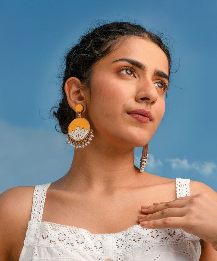 Yellow handmade fabric repurposed wood round danglers