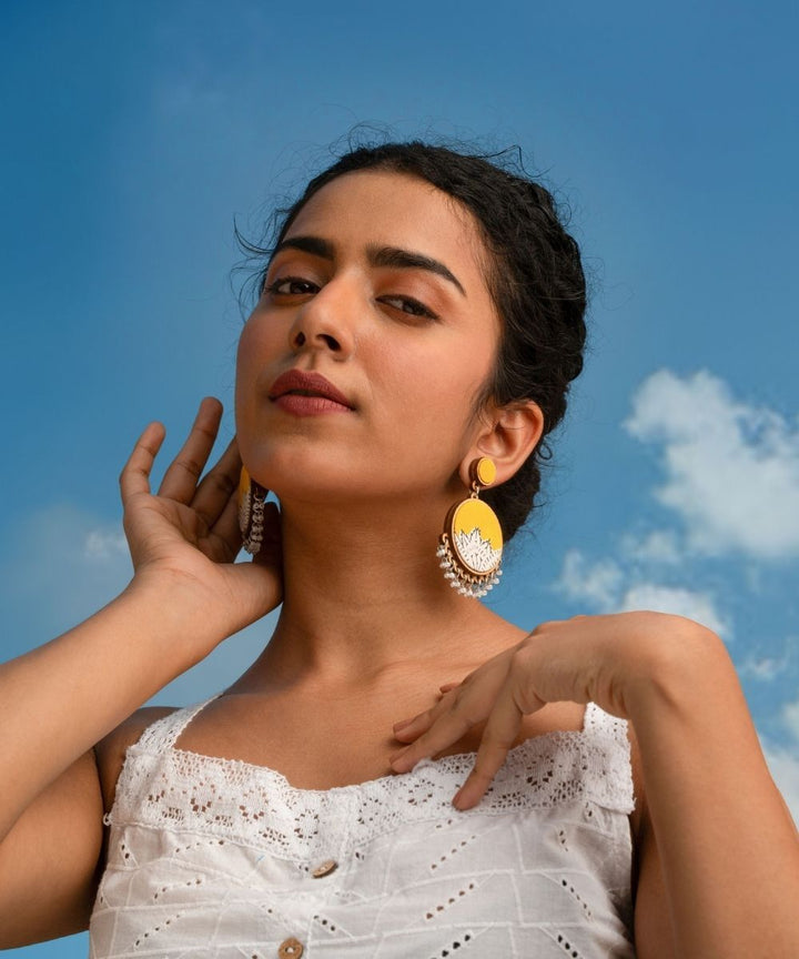 Yellow handmade fabric repurposed wood round danglers