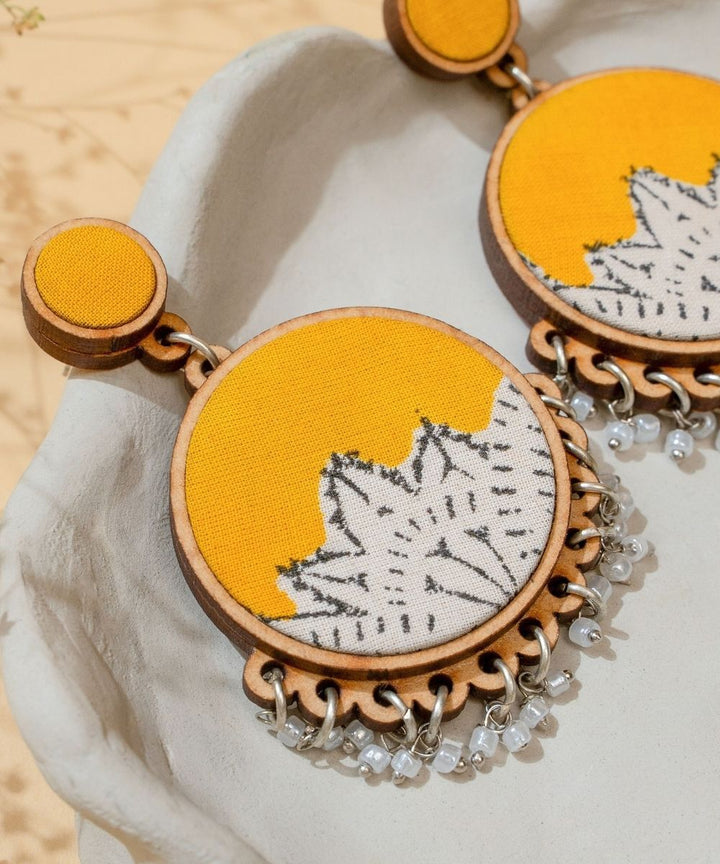 Yellow handmade fabric repurposed wood round danglers