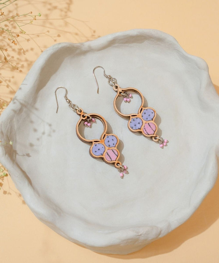 Purple foral handmade repurposed fabric wood round danglers