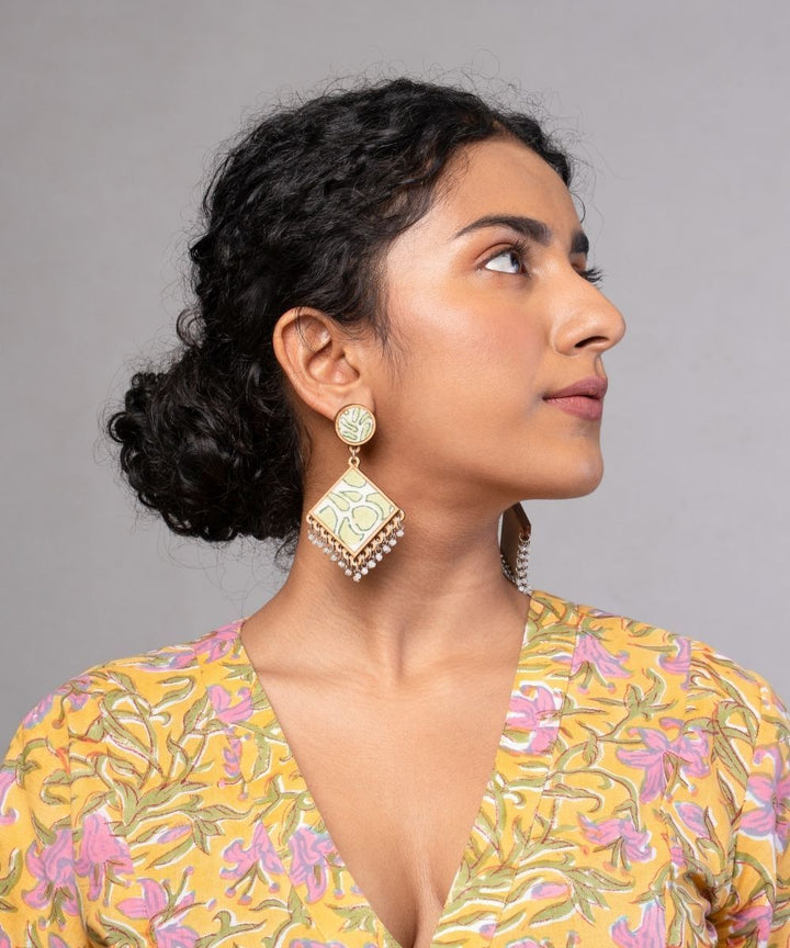 Green handmade repurposed fabric wood diamond earrings