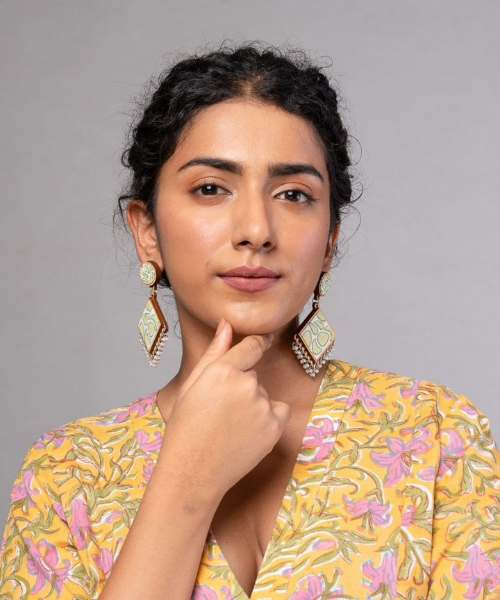 Green handmade repurposed fabric wood diamond earrings