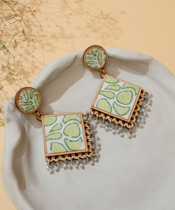 Green handmade repurposed fabric wood diamond earrings