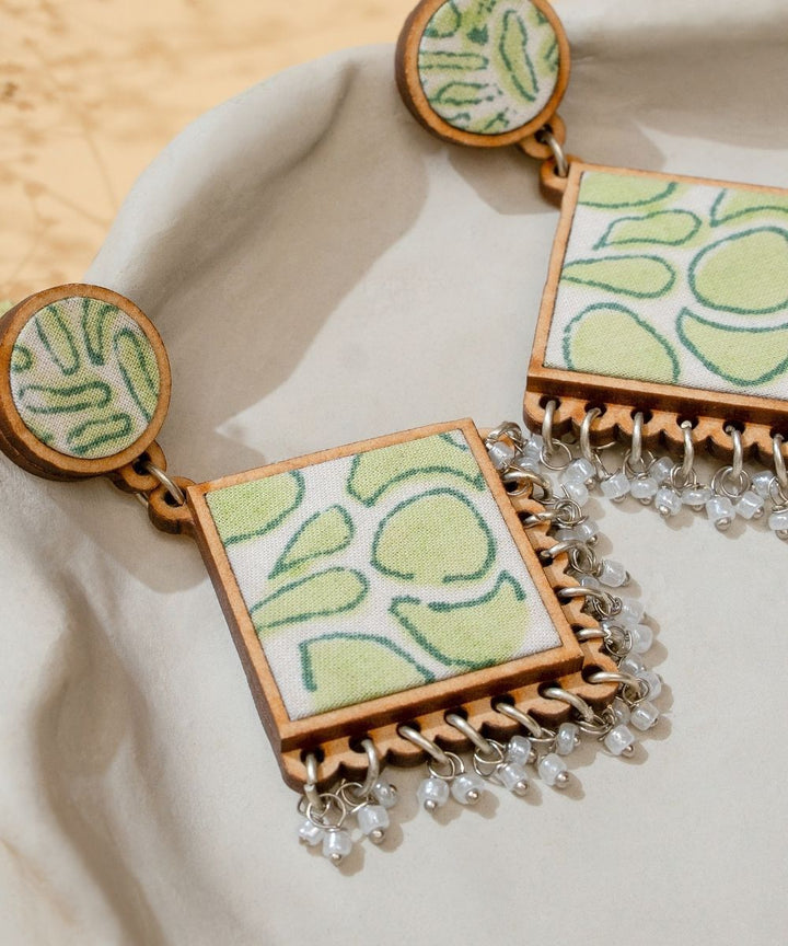 Green handmade repurposed fabric wood diamond earrings