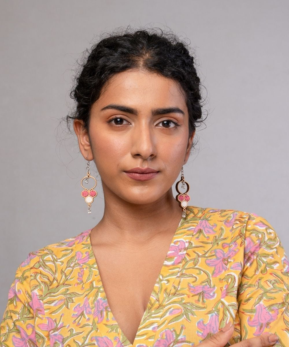 Pink white handmade repurposed fabric wood danglers