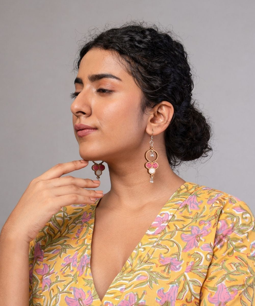 Pink white handmade repurposed fabric wood danglers