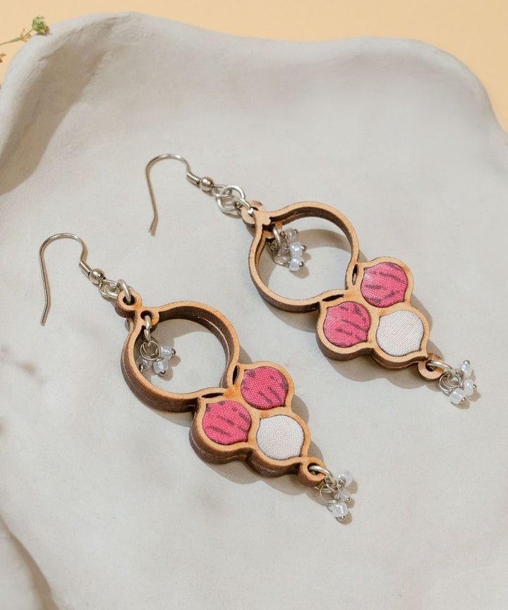 Pink white handmade repurposed fabric wood danglers