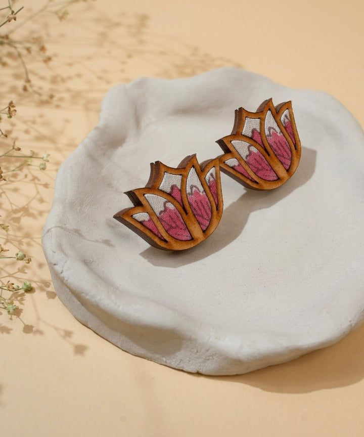 Pink bloom lotus handmade repurposed fabric wood earrings