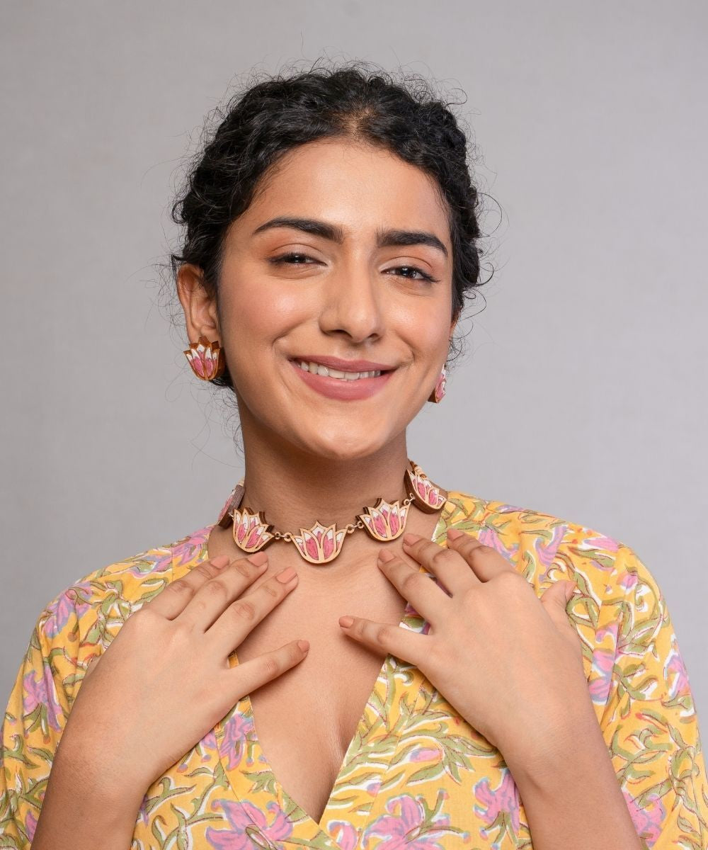 Pink bloom lotus handmade repurposed fabric wood earrings