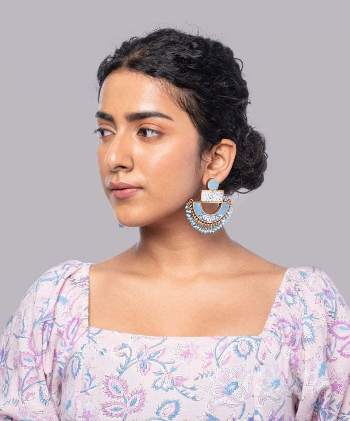 Blue white handmade repurposed fabric wood statement earrings