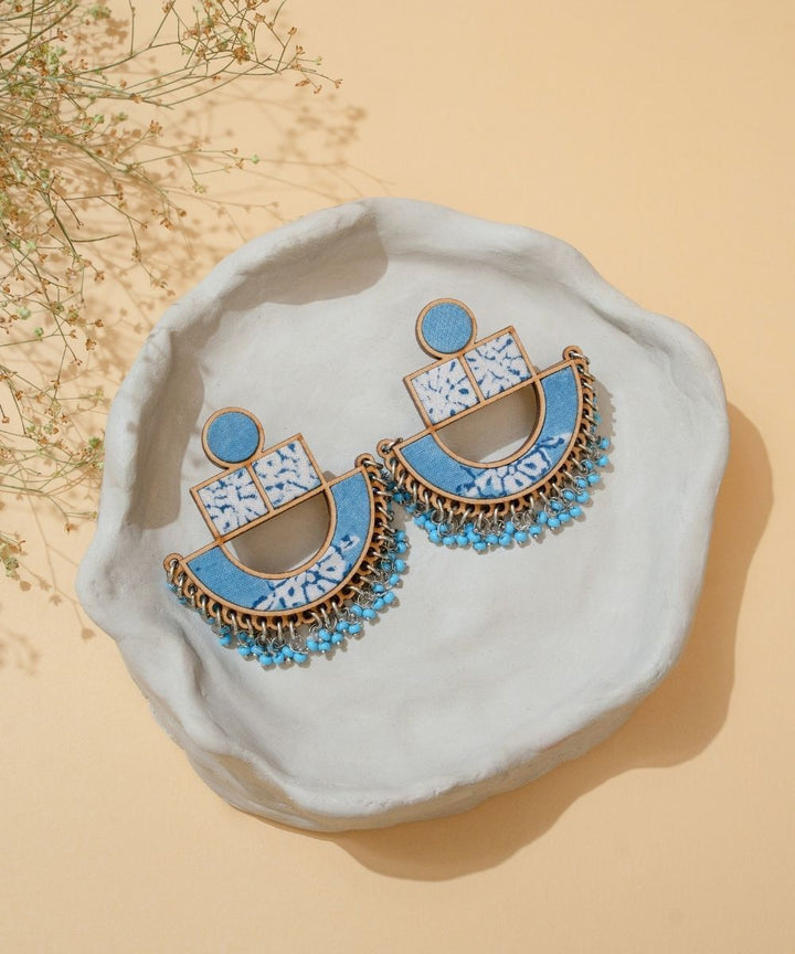Blue white handmade repurposed fabric wood statement earrings