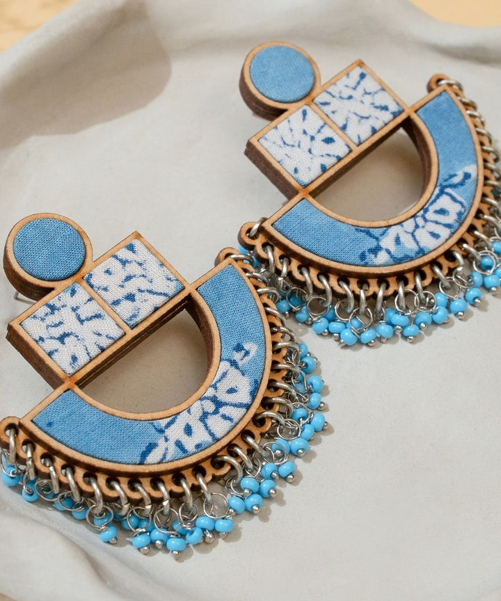 Blue white handmade repurposed fabric wood statement earrings