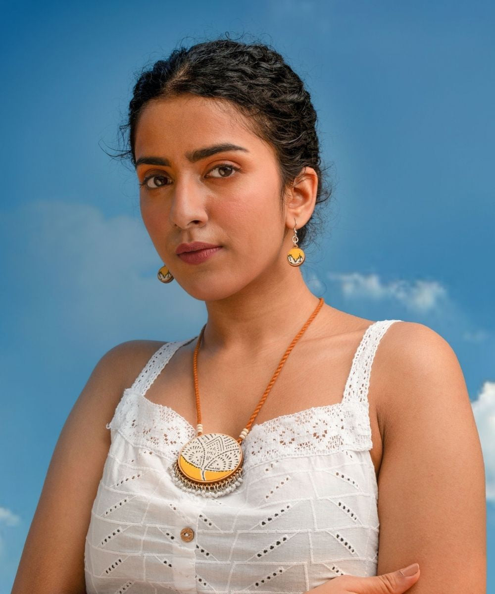 Yellow handmade repurposed fabric wood danglers