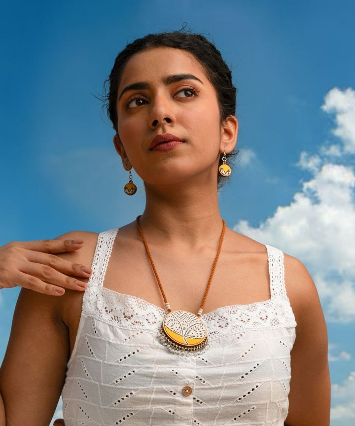 Yellow handmade repurposed fabric wood danglers