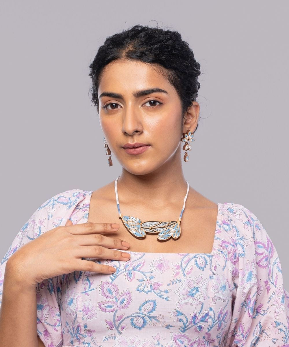 Blue white handmade bloom repurposed fabric wood leaf dangler