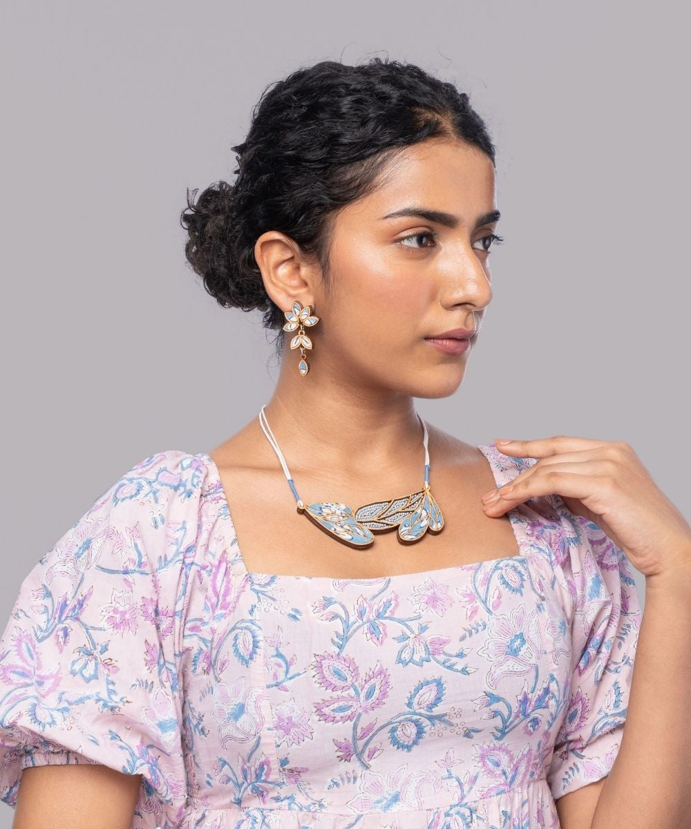 Blue white handmade bloom repurposed fabric wood leaf dangler