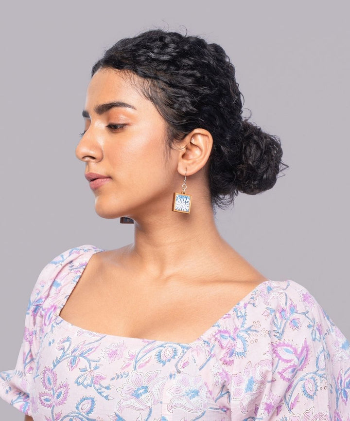 Blue handmade repurposed fabric wood square earrings