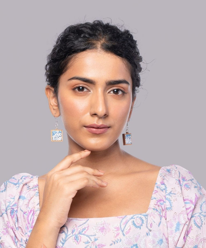 Blue handmade repurposed fabric wood square earrings