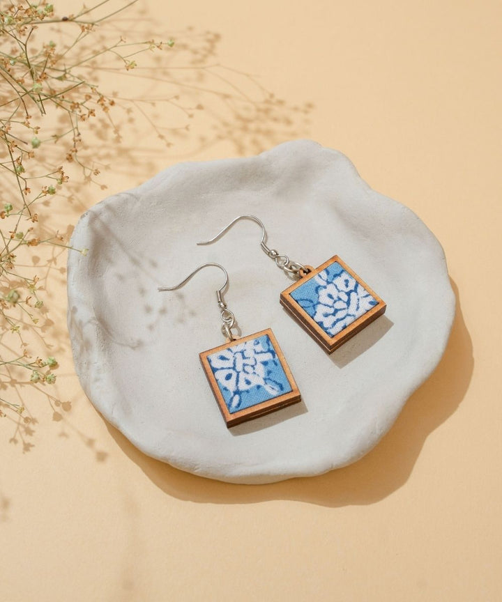 Blue handmade repurposed fabric wood square earrings