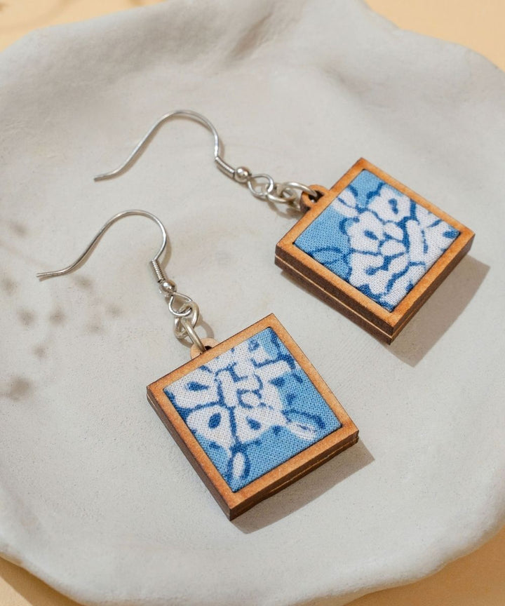 Blue handmade repurposed fabric wood square earrings