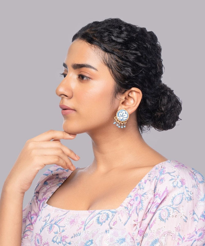 Blue handmade repurposed fabric wood round studs