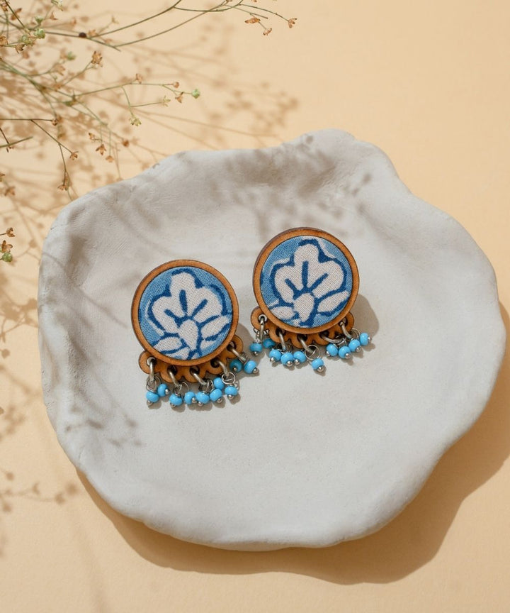 Blue handmade repurposed fabric wood round studs