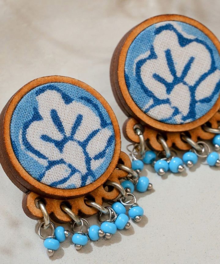 Blue handmade repurposed fabric wood round studs