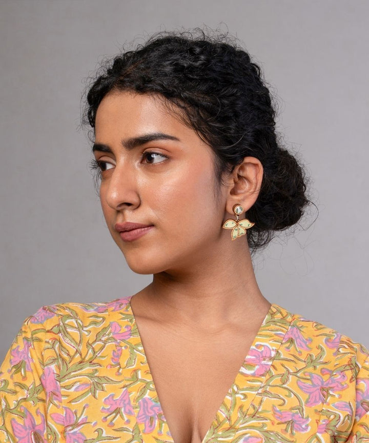 Green bloom handmade repurposed fabric wood leaf earrings