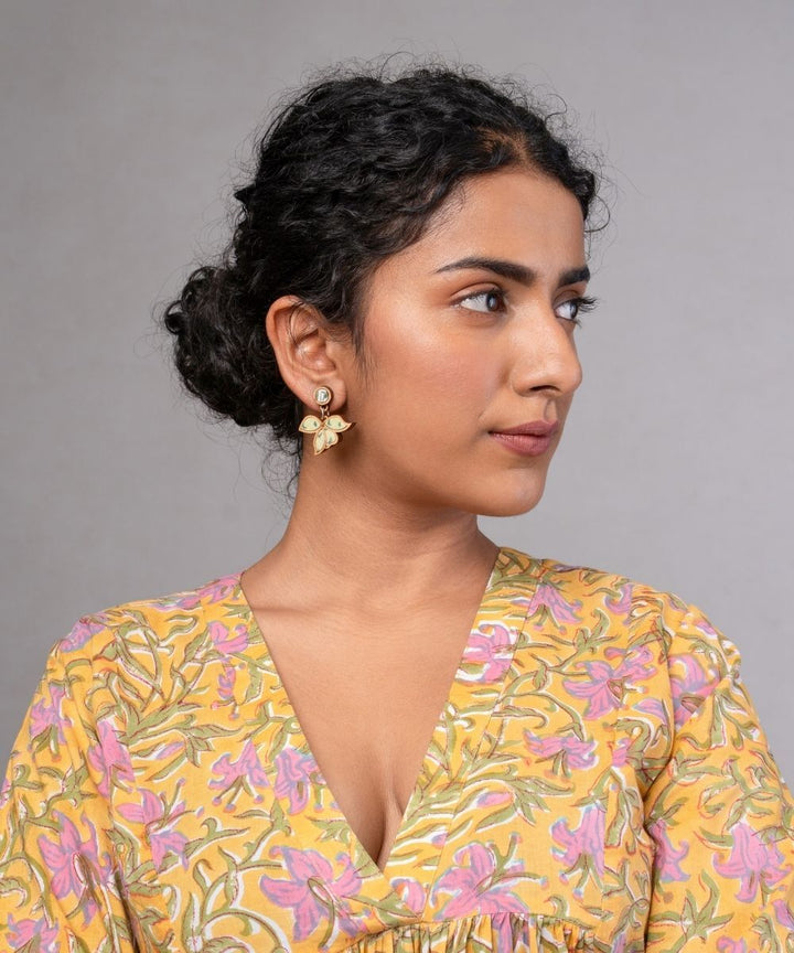 Green bloom handmade repurposed fabric wood leaf earrings