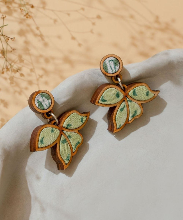Green bloom handmade repurposed fabric wood leaf earrings