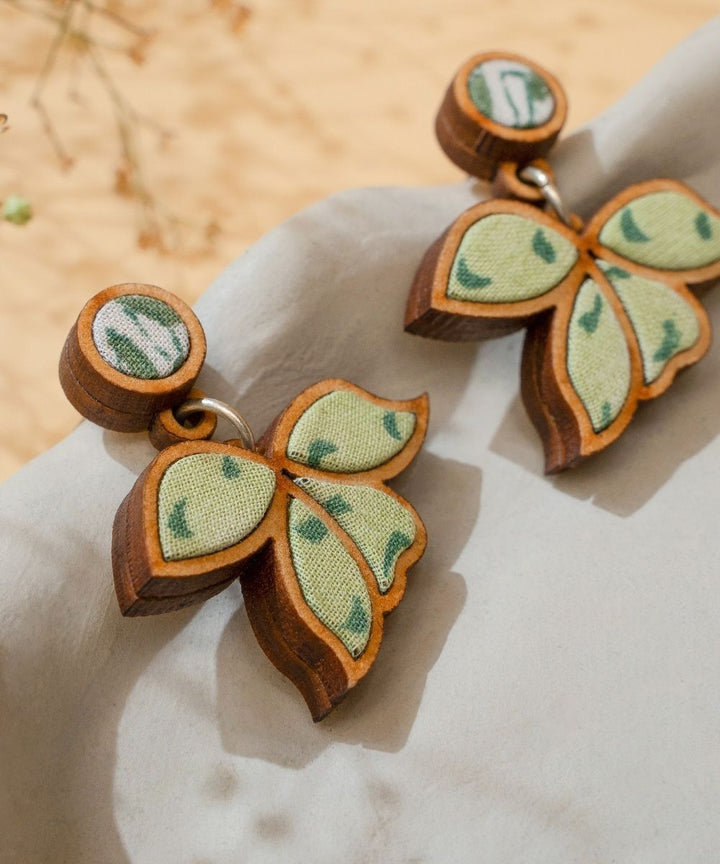 Green bloom handmade repurposed fabric wood leaf earrings