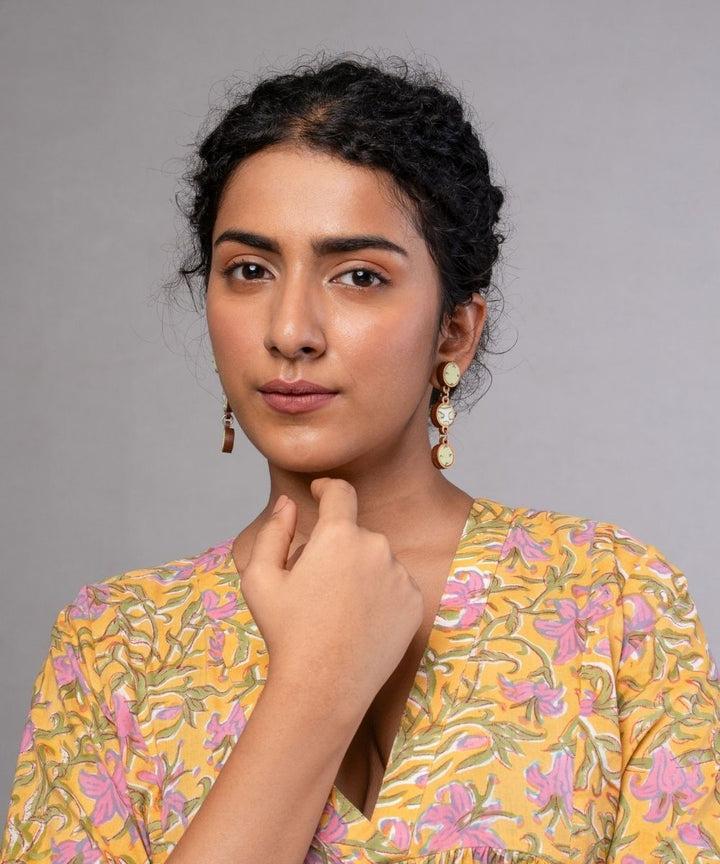 Green handmade repurposed fabric wood connecting round earrings