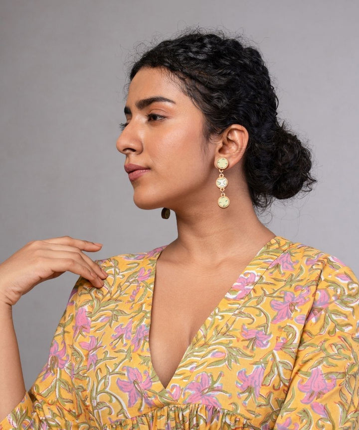 Green handmade repurposed fabric wood connecting round earrings