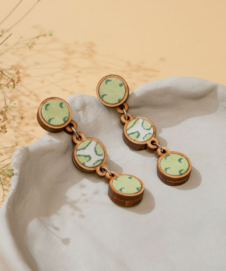 Green handmade repurposed fabric wood connecting round earrings
