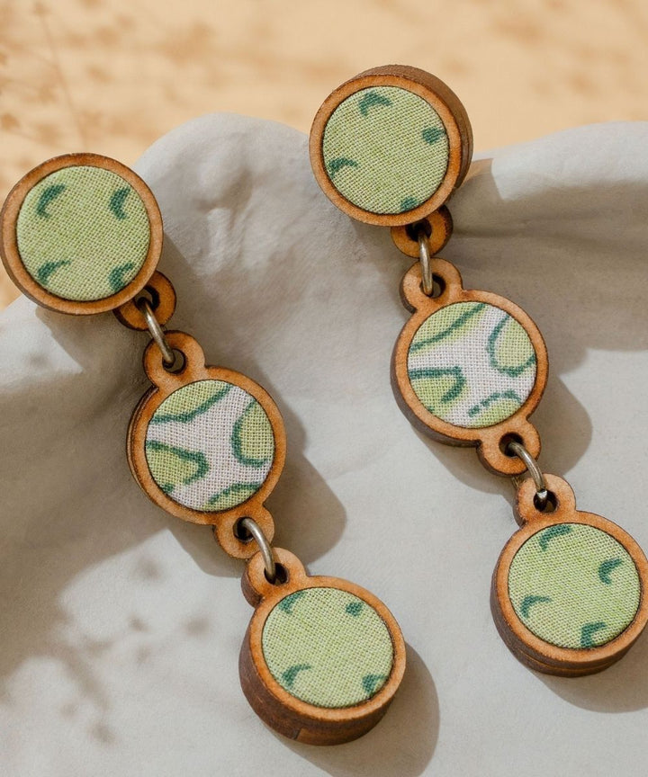 Green handmade repurposed fabric wood connecting round earrings