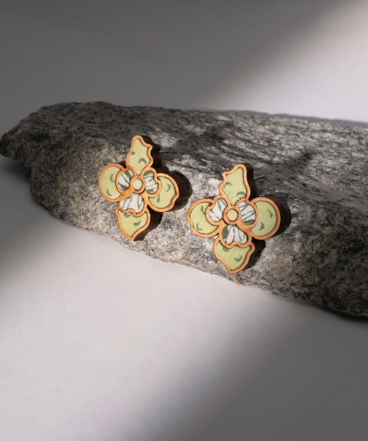 Green handmade repurposed fabric wood flower stud